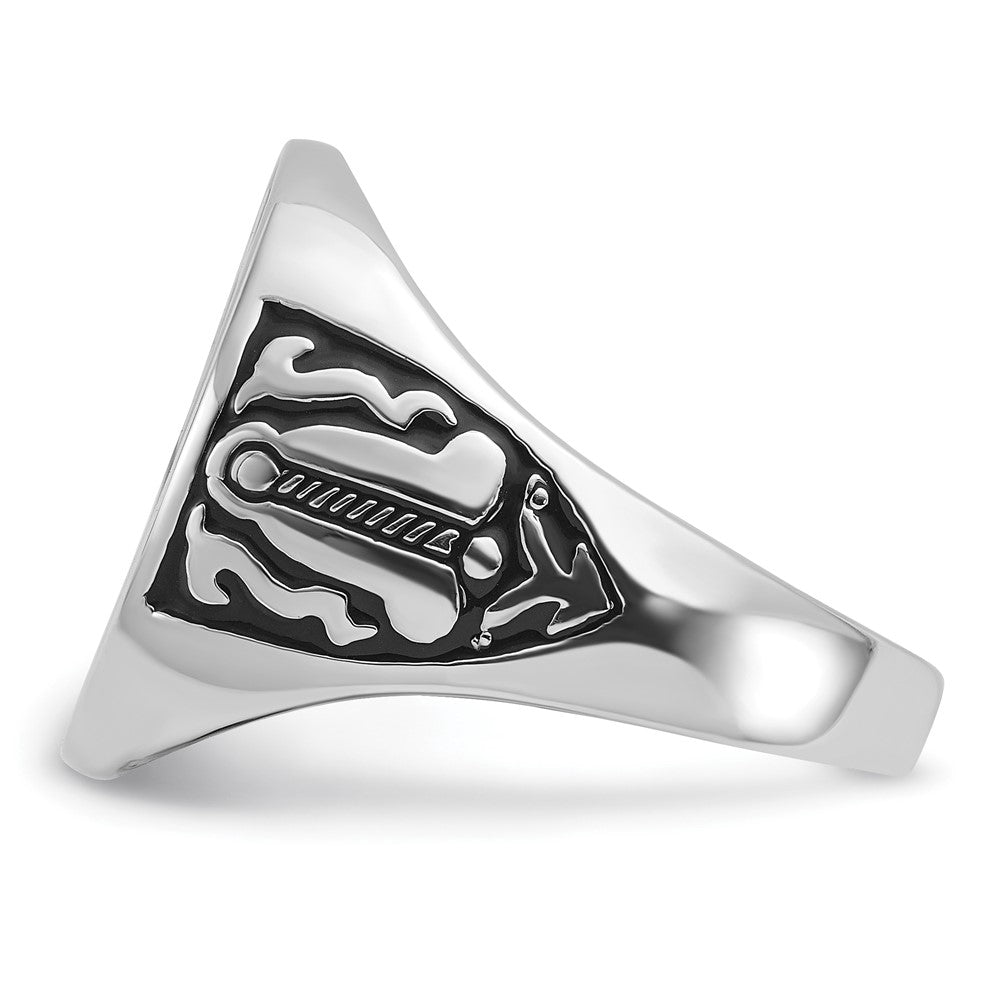 14k White Gold Mens Polished and Grooved with Black Enamel Masonic Ring