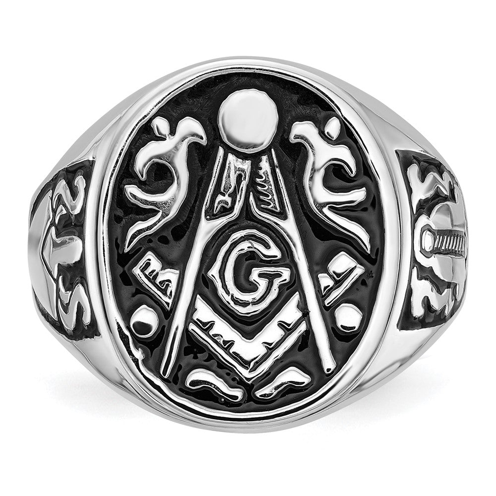 14k White Gold Mens Polished and Grooved with Black Enamel Masonic Ring