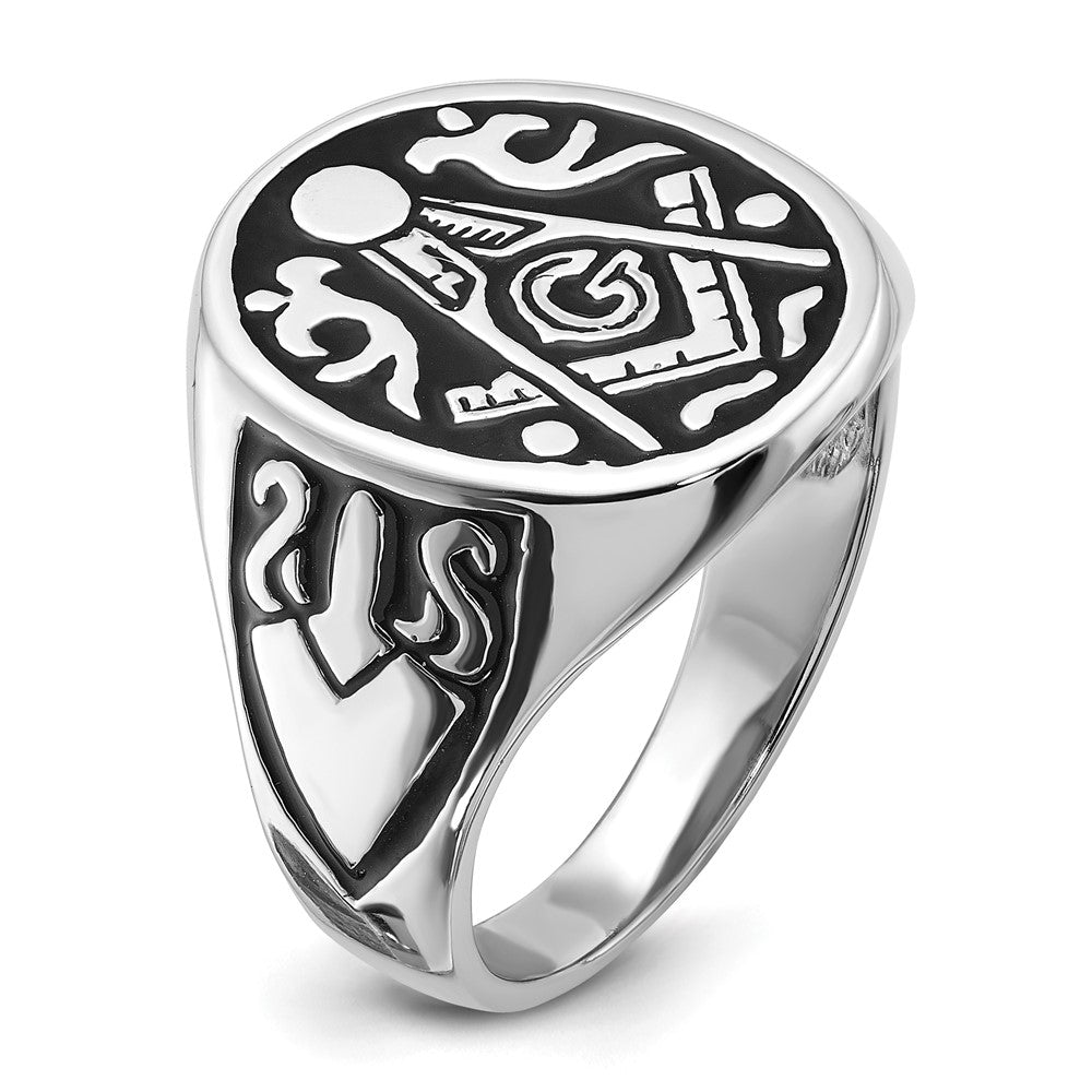 14k White Gold Mens Polished and Grooved with Black Enamel Masonic Ring