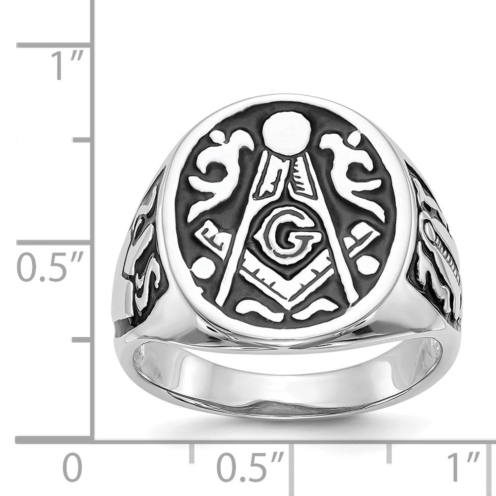 14k White Gold Mens Polished and Grooved with Black Enamel Masonic Ring