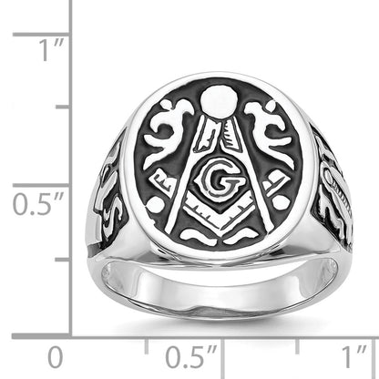 14k White Gold Mens Polished and Grooved with Black Enamel Masonic Ring