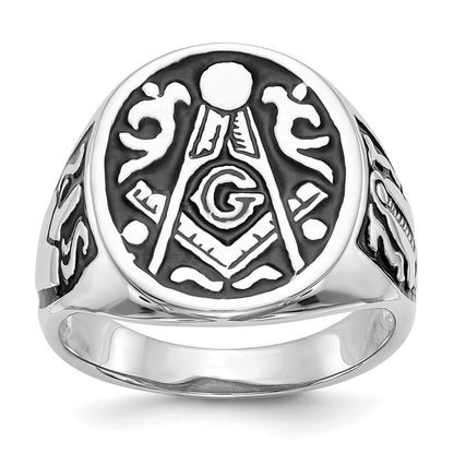 14k White Gold Mens Polished and Grooved with Black Enamel Masonic Ring