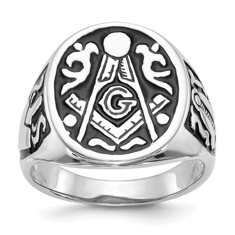14k White Gold Mens Polished and Grooved with Black Enamel Masonic Ring
