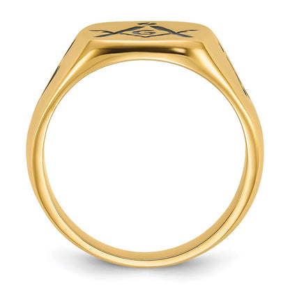 14k Yellow Gold Mens Polished and Grooved with Black Enamel Masonic Ring