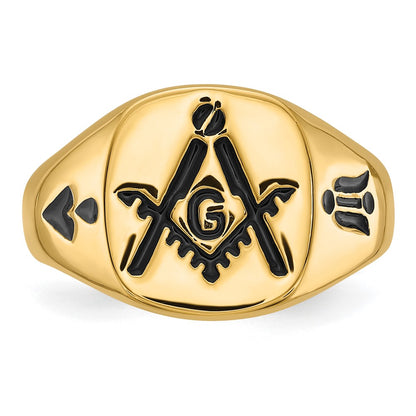 14k Yellow Gold Mens Polished and Grooved with Black Enamel Masonic Ring