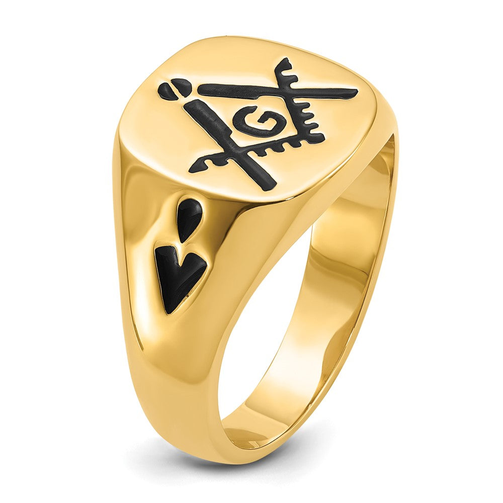 14k Yellow Gold Mens Polished and Grooved with Black Enamel Masonic Ring