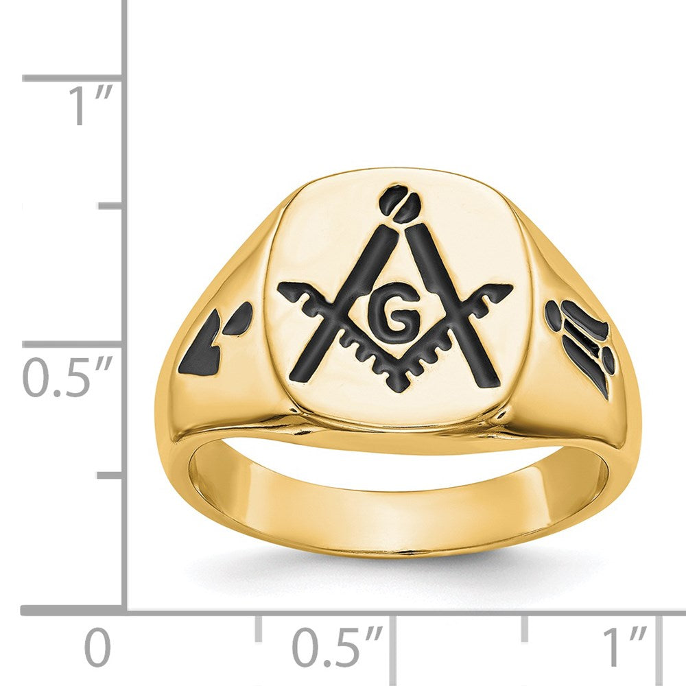 14k Yellow Gold Mens Polished and Grooved with Black Enamel Masonic Ring