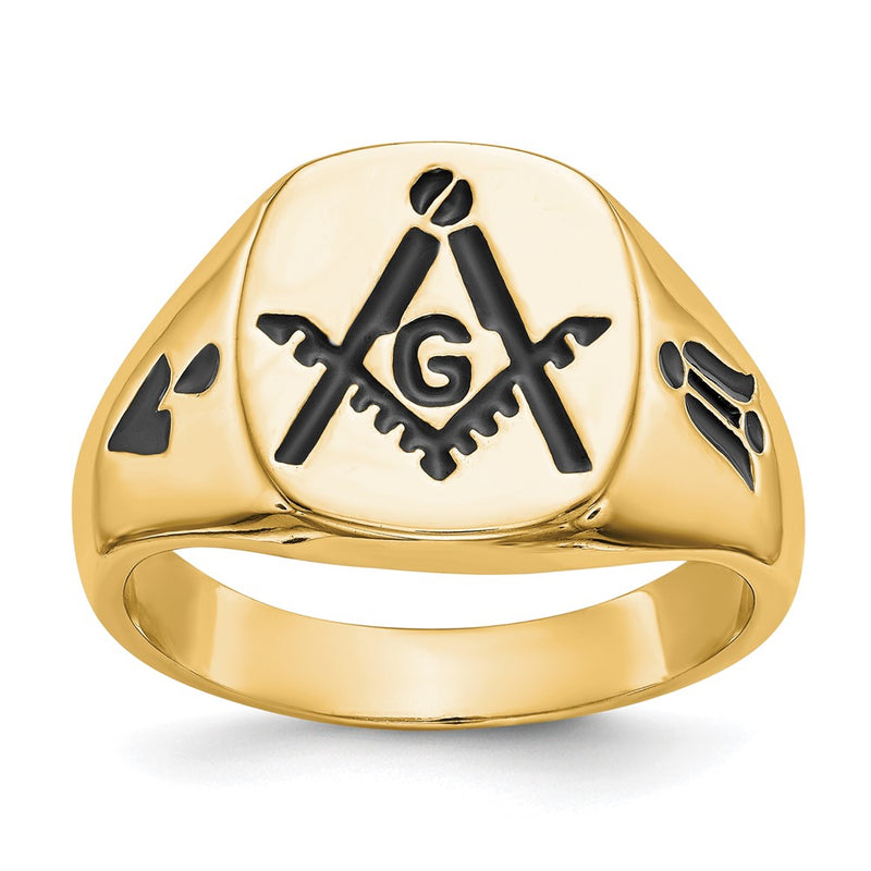 14k Yellow Gold Mens Polished and Grooved with Black Enamel Masonic Ring
