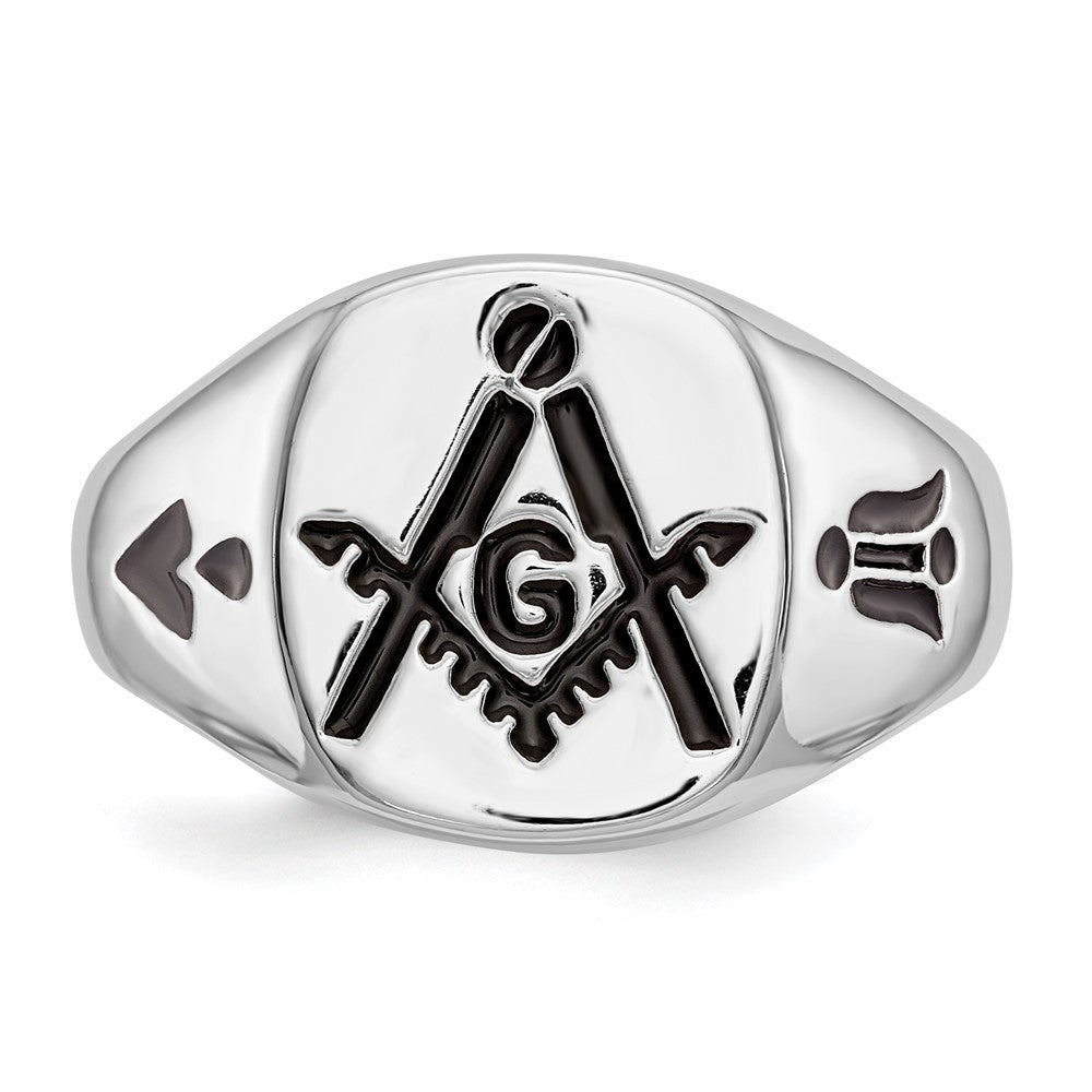 14k White Gold Mens Polished and Grooved with Black Enamel Masonic Ring