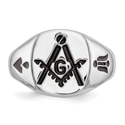 14k White Gold Mens Polished and Grooved with Black Enamel Masonic Ring