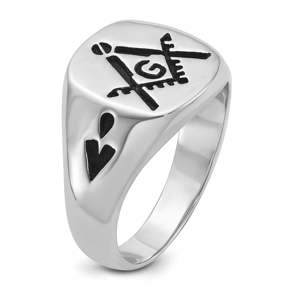 14k White Gold Mens Polished and Grooved with Black Enamel Masonic Ring