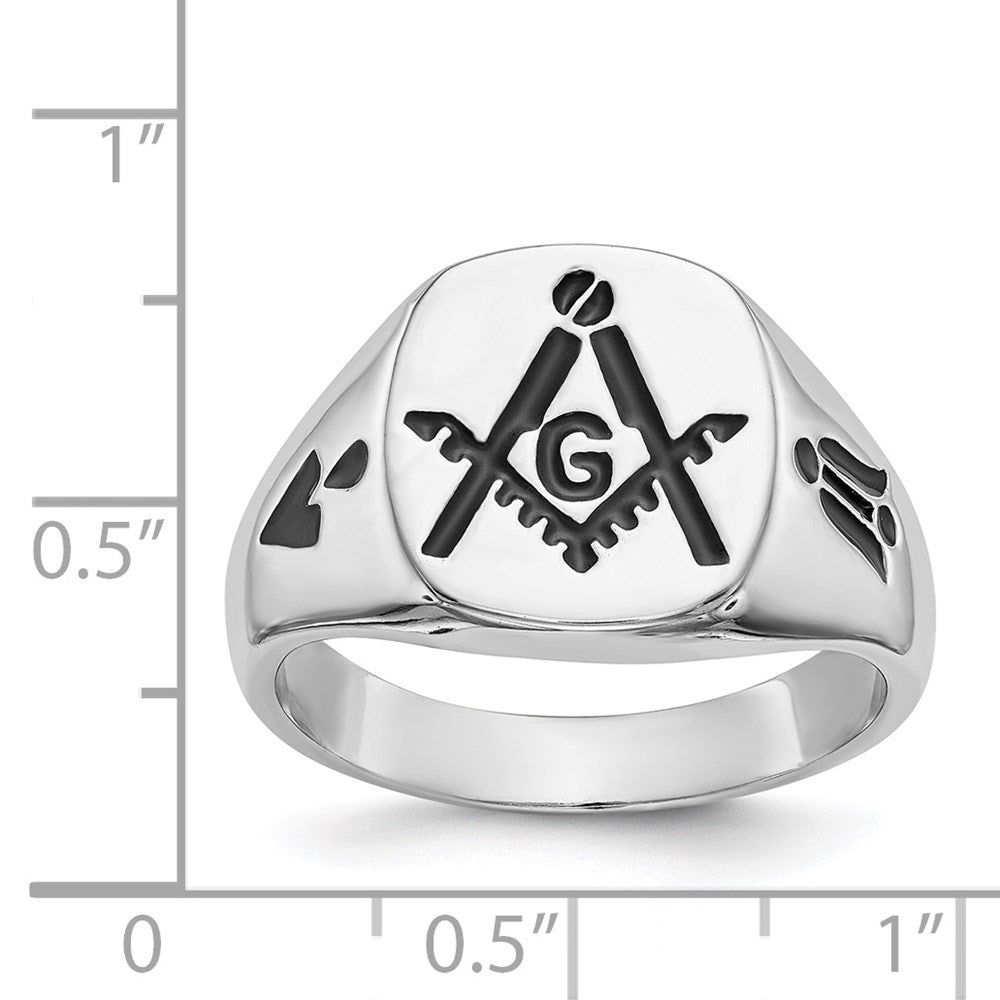 14k White Gold Mens Polished and Grooved with Black Enamel Masonic Ring