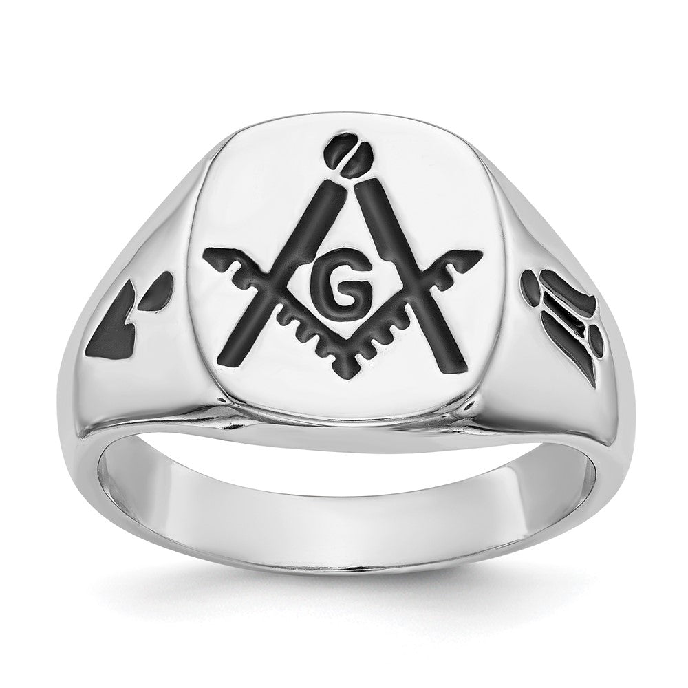 14k White Gold Mens Polished and Grooved with Black Enamel Masonic Ring