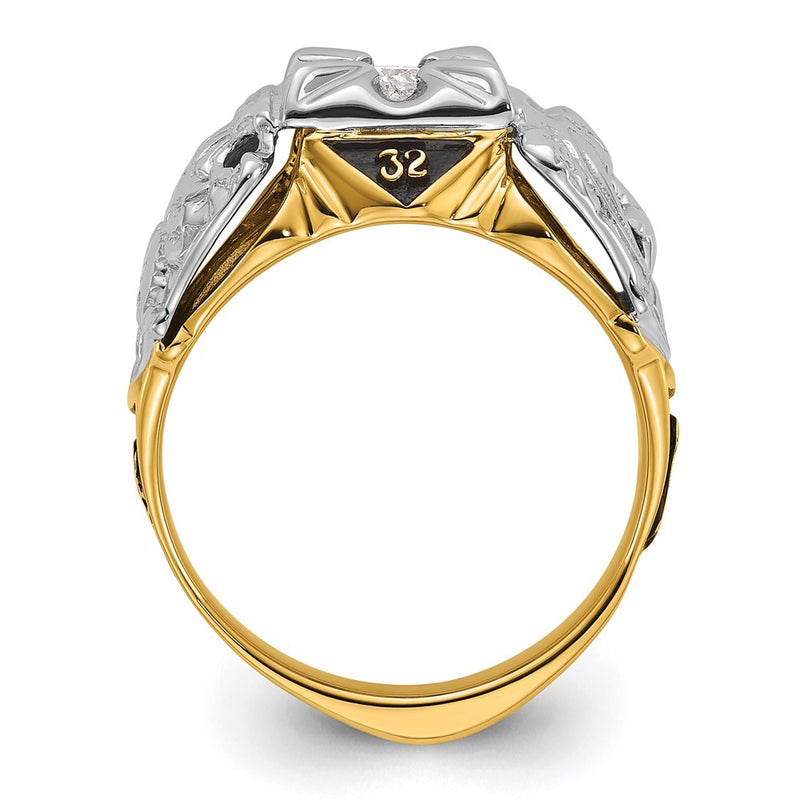 14k Two-tone Gold Mens Polished and Textured with Black Enamel and AA Quality Diamond Masonic Ring