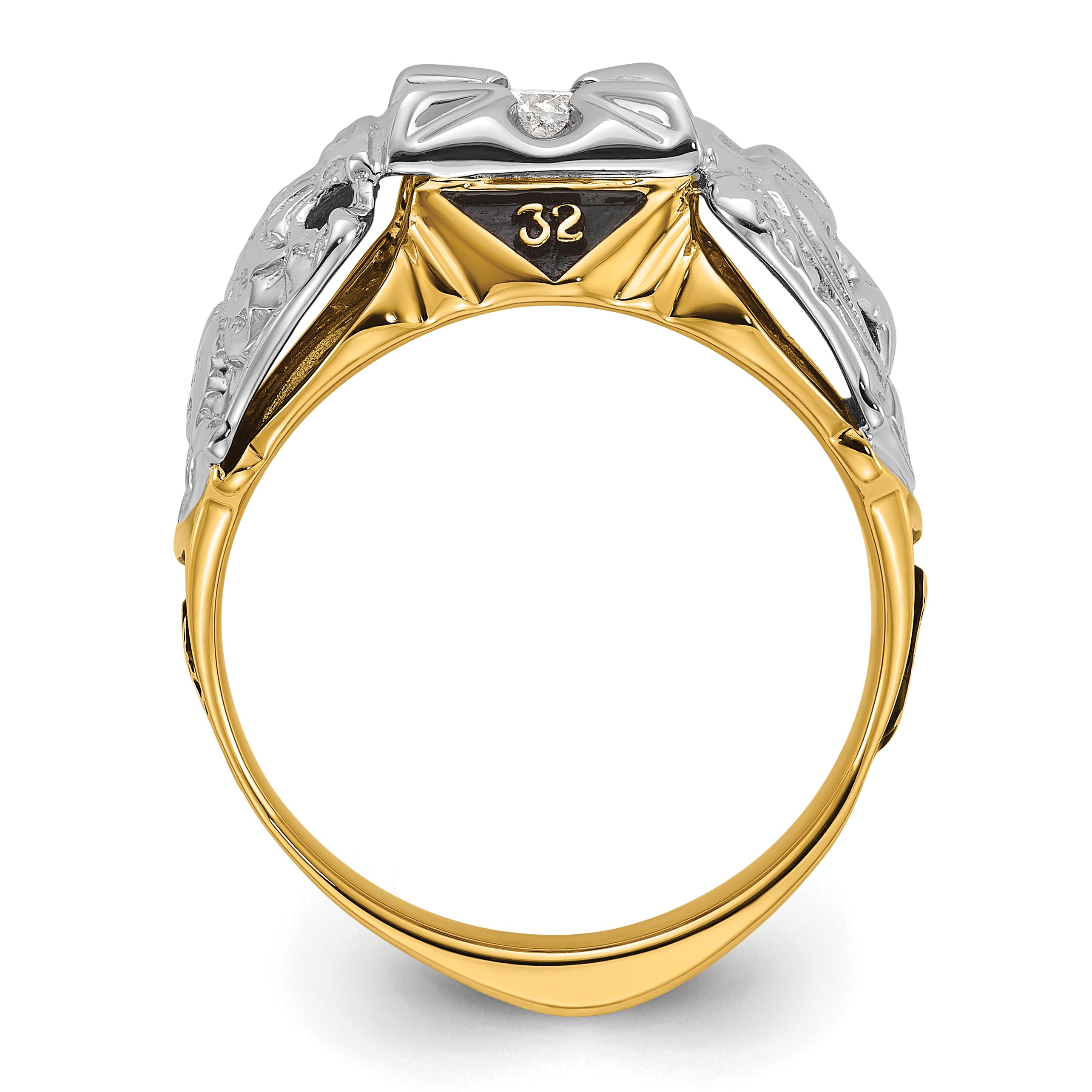 14k Two-tone Gold Mens Polished and Textured with Black Enamel and AAA Quality Diamond Masonic Ring