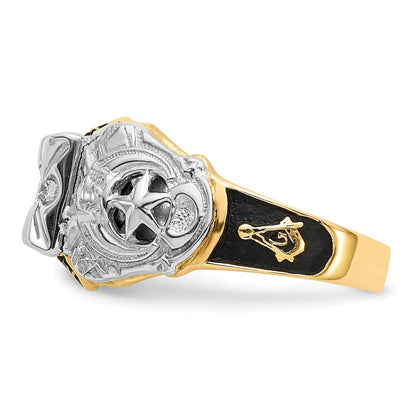 14k Two-tone Gold Mens Polished and Textured with Black Enamel and AA Quality Diamond Masonic Ring