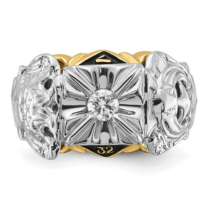 14k Two-tone Gold Mens Polished and Textured with Black Enamel and AA Quality Diamond Masonic Ring