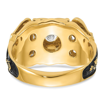 14k Two-tone Gold Mens Polished and Textured with Black Enamel and A Quality Diamond Masonic Ring