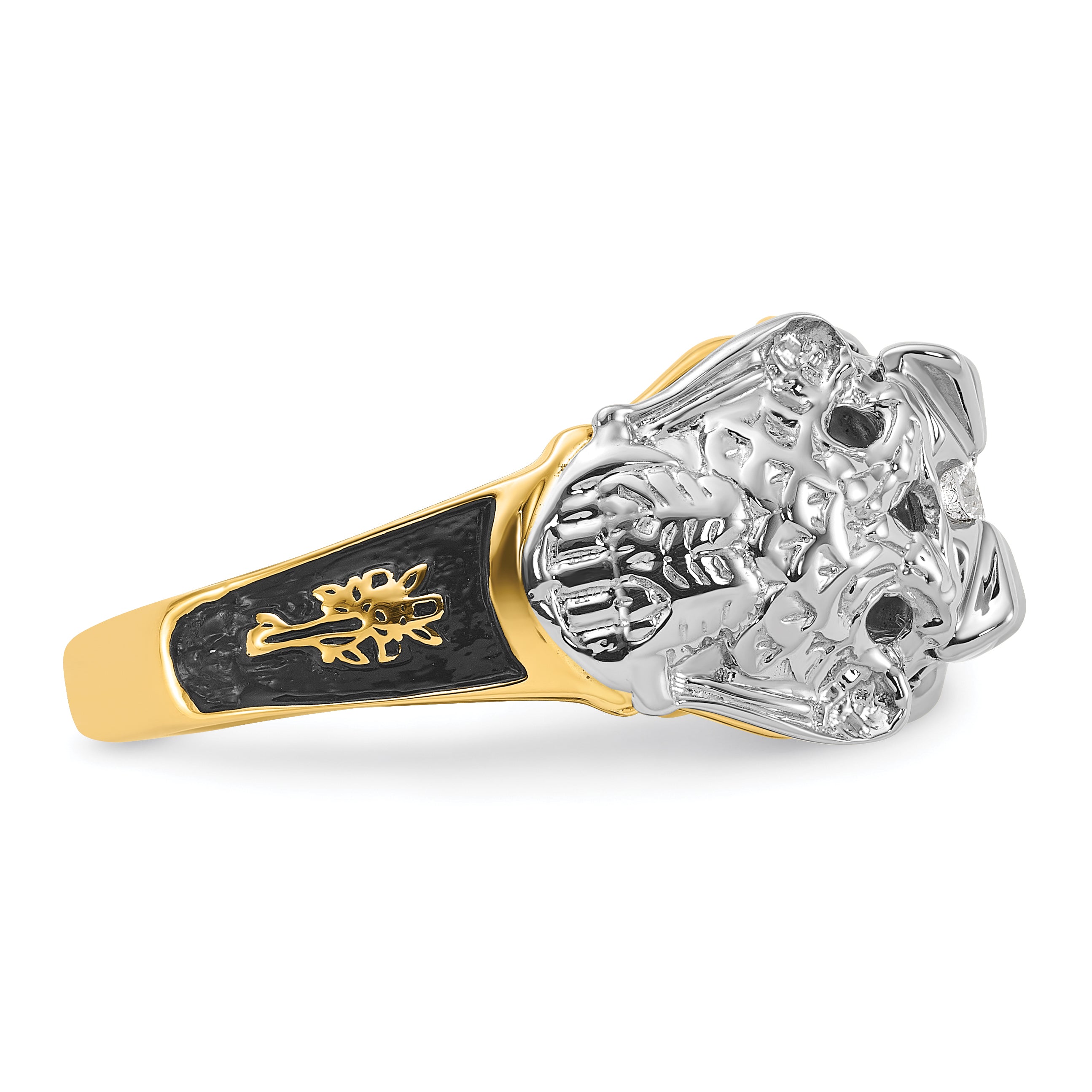 14k Two-tone Gold Mens Polished and Textured with Black Enamel and AAA Quality Diamond Masonic Ring