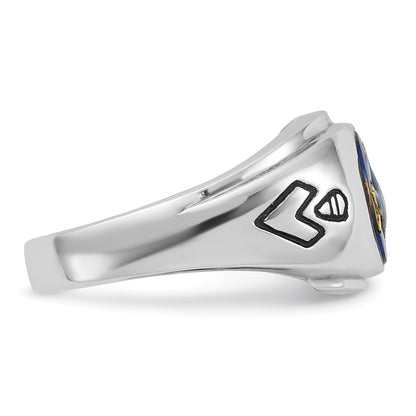 14k White Gold Mens Polished Antiqued and Grooved with Imitation Blue Spinel Masonic Ring