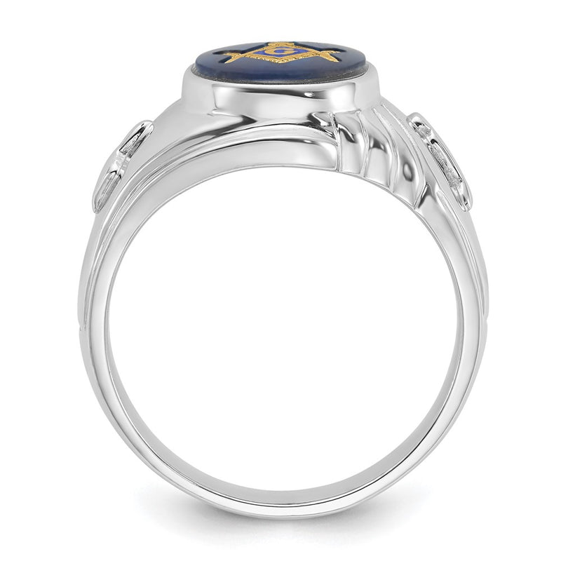 14k White Gold Mens Polished and Textured with Imitation Blue Spinel Masonic Ring