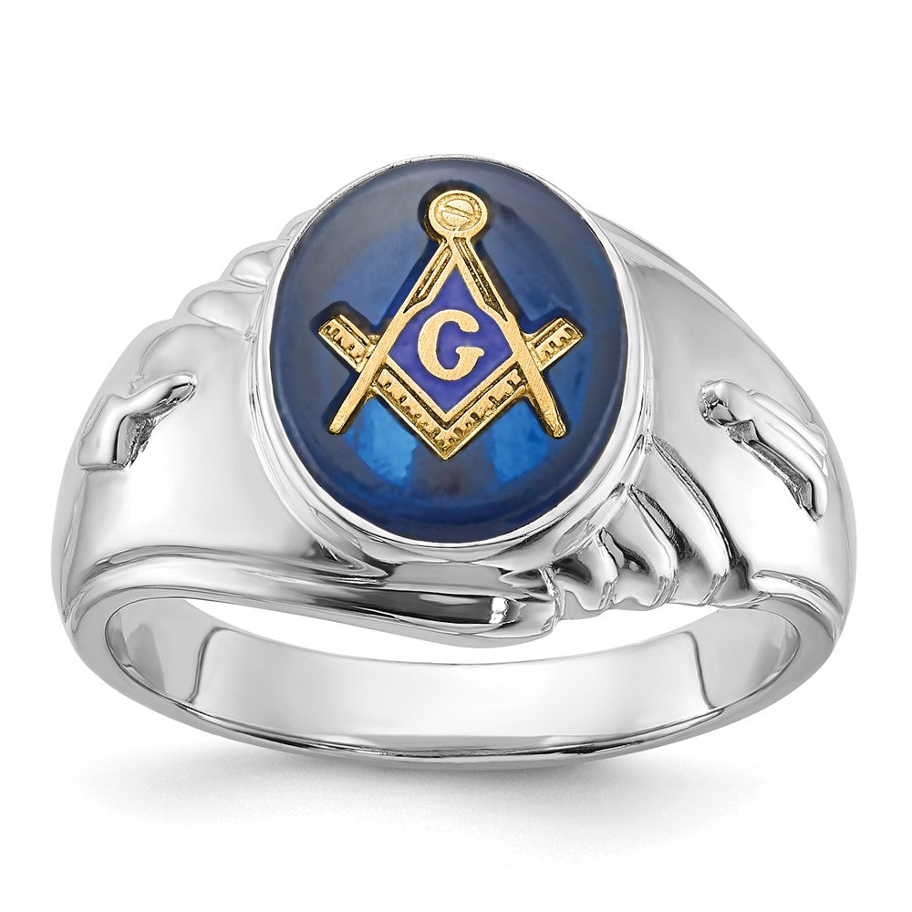 14k White Gold Mens Polished and Textured with Imitation Blue Spinel Masonic Ring