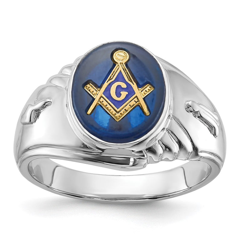 14k White Gold Mens Polished and Textured with Imitation Blue Spinel Masonic Ring