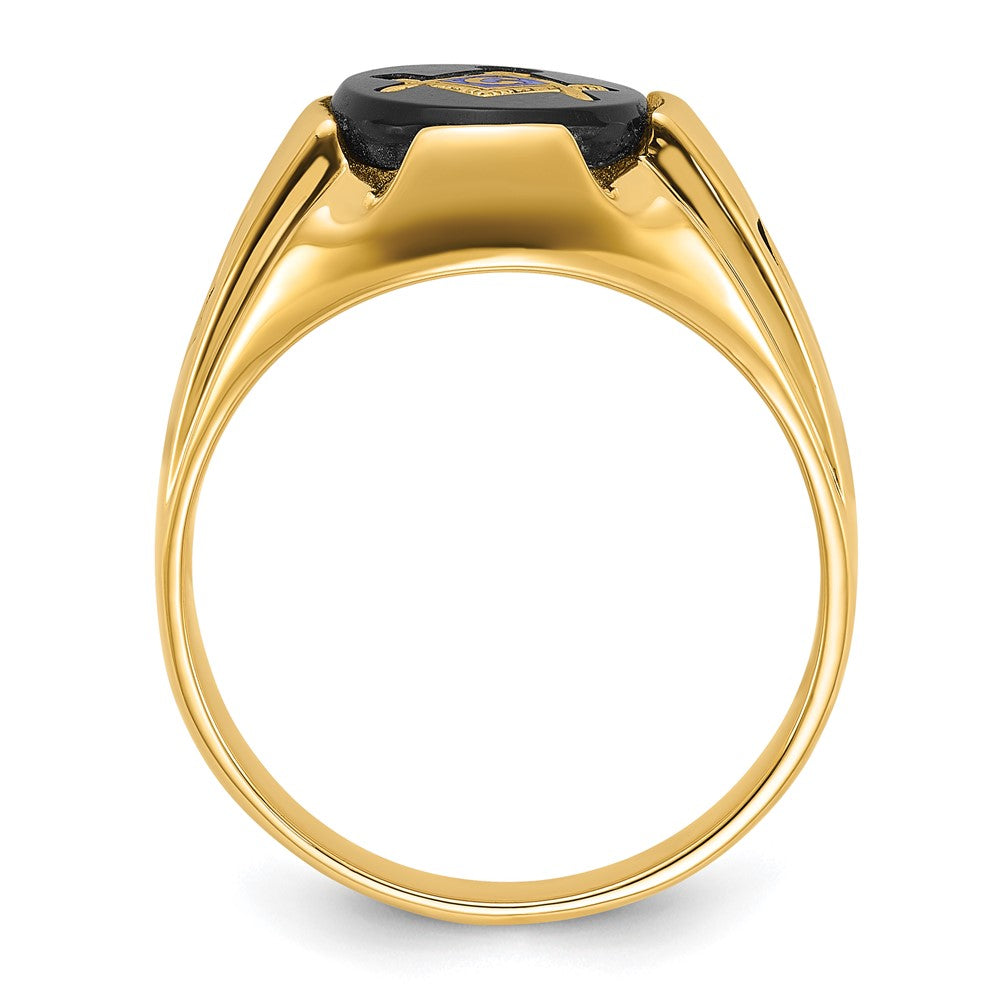 14k Yellow Gold Mens Polished Antiqued and Grooved with Oval Onyx Masonic Ring