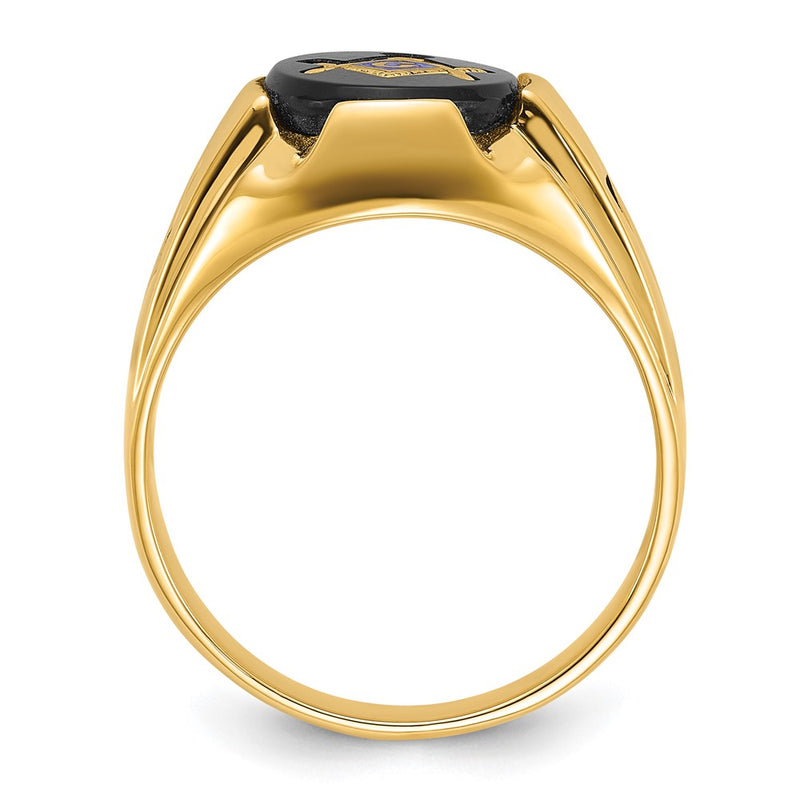 14k Yellow Gold Mens Polished Antiqued and Grooved with Oval Onyx Masonic Ring
