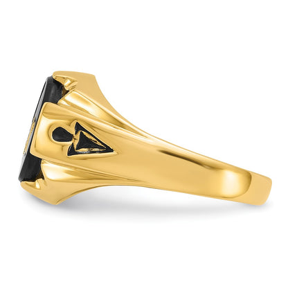 14k Yellow Gold Mens Polished Antiqued and Grooved with Oval Onyx Masonic Ring