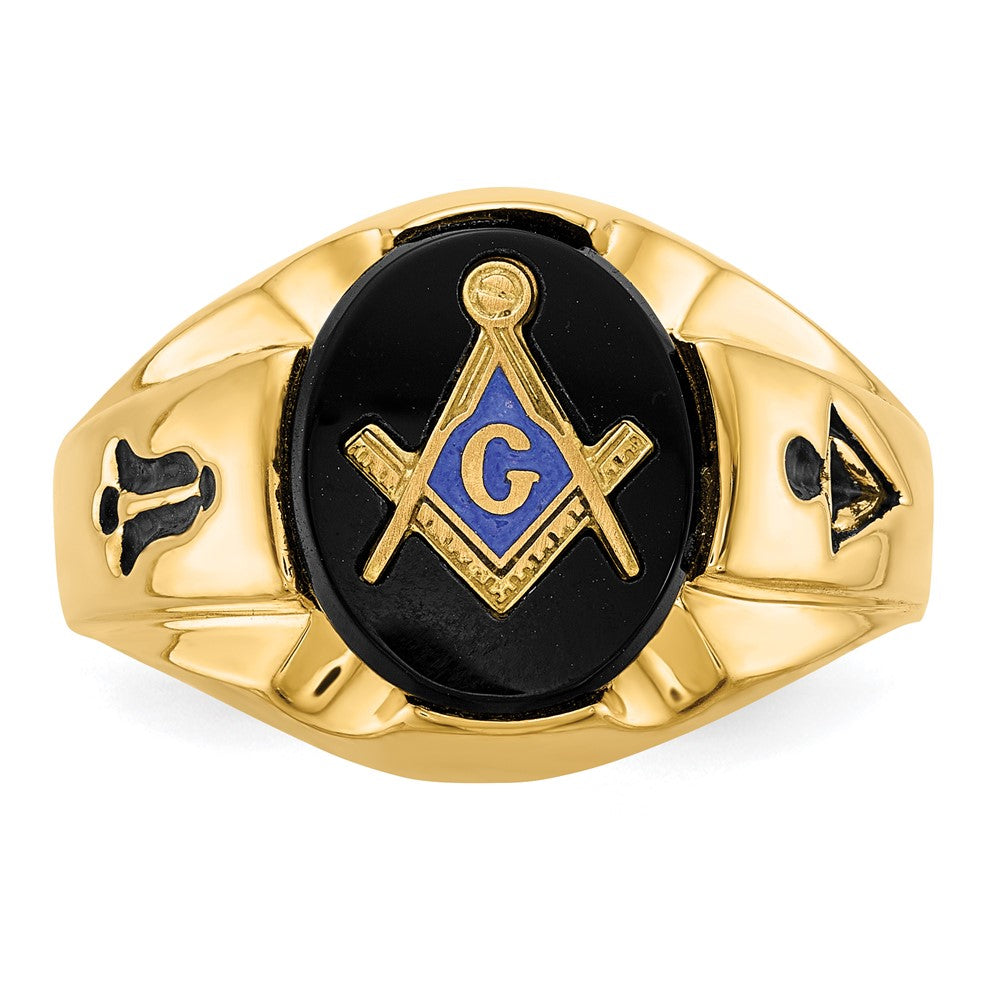 14k Yellow Gold Mens Polished Antiqued and Grooved with Oval Onyx Masonic Ring