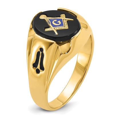 14k Yellow Gold Mens Polished Antiqued and Grooved with Oval Onyx Masonic Ring