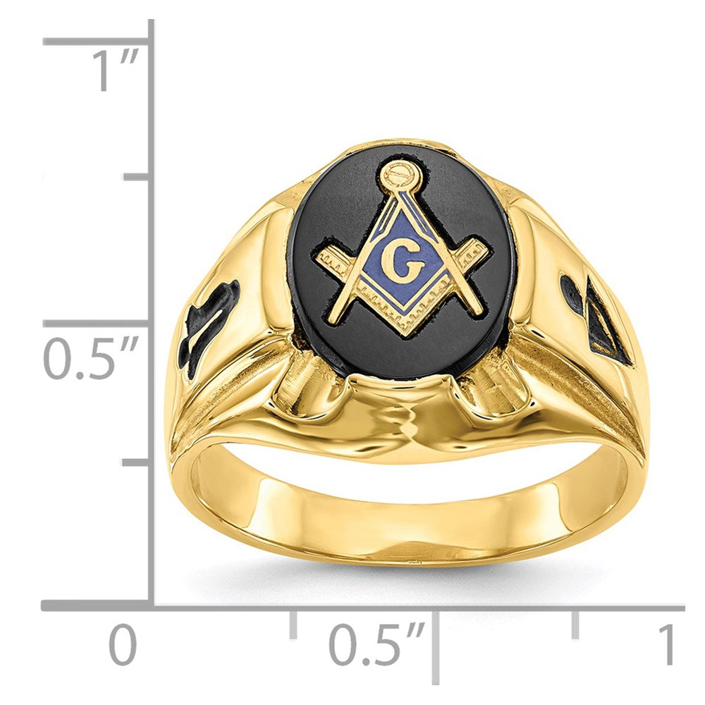 14k Yellow Gold Mens Polished Antiqued and Grooved with Oval Onyx Masonic Ring