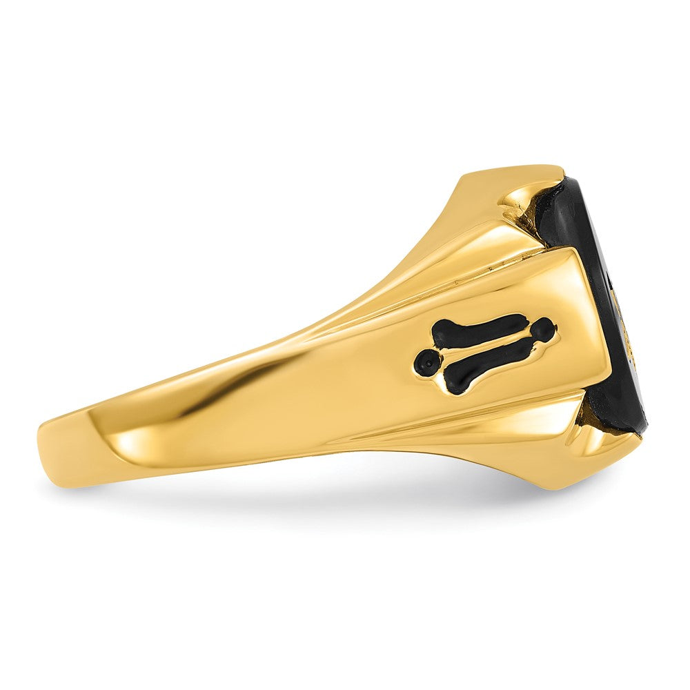 14k Yellow Gold Mens Polished Antiqued and Grooved with Oval Onyx Masonic Ring
