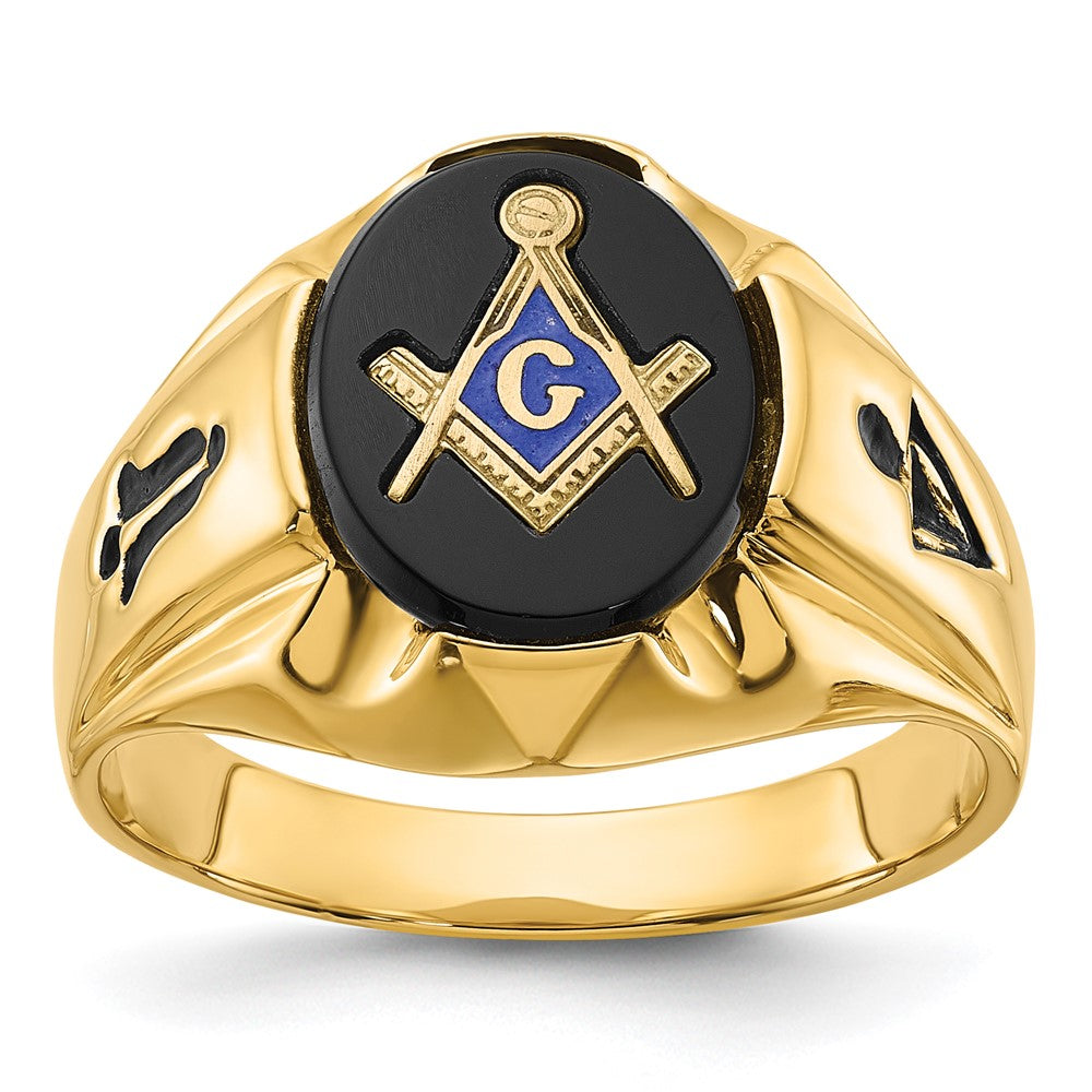 14k Yellow Gold Mens Polished Antiqued and Grooved with Oval Onyx Masonic Ring