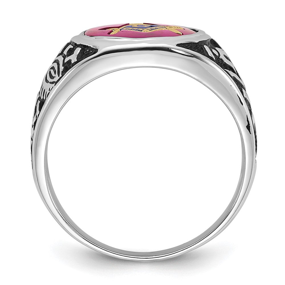 14k White Gold Mens Polished Antiqued and Textured with Lab Created Ruby Masonic Ring
