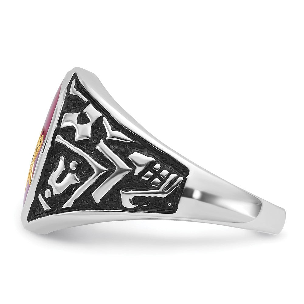 14k White Gold Mens Polished Antiqued and Textured with Lab Created Ruby Masonic Ring
