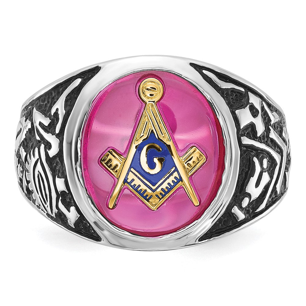 14k White Gold Mens Polished Antiqued and Textured with Lab Created Ruby Masonic Ring