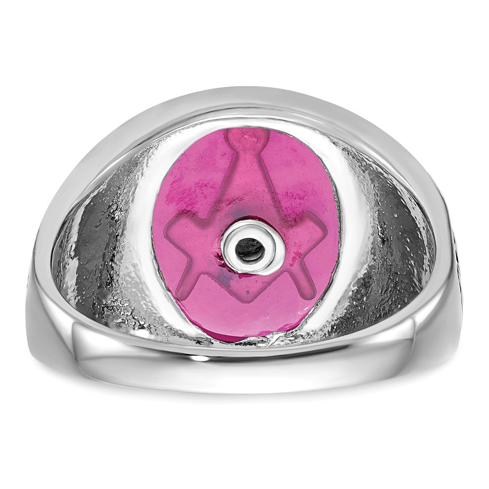 14k White Gold Mens Polished Antiqued and Textured with Lab Created Ruby Masonic Ring