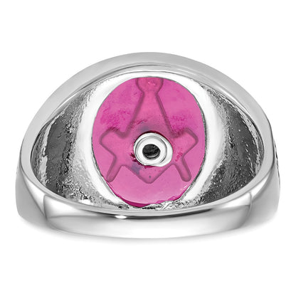 14k White Gold Mens Polished Antiqued and Textured with Lab Created Ruby Masonic Ring