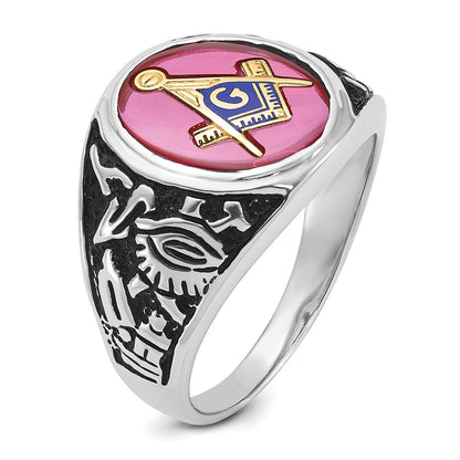 14k White Gold Mens Polished Antiqued and Textured with Lab Created Ruby Masonic Ring