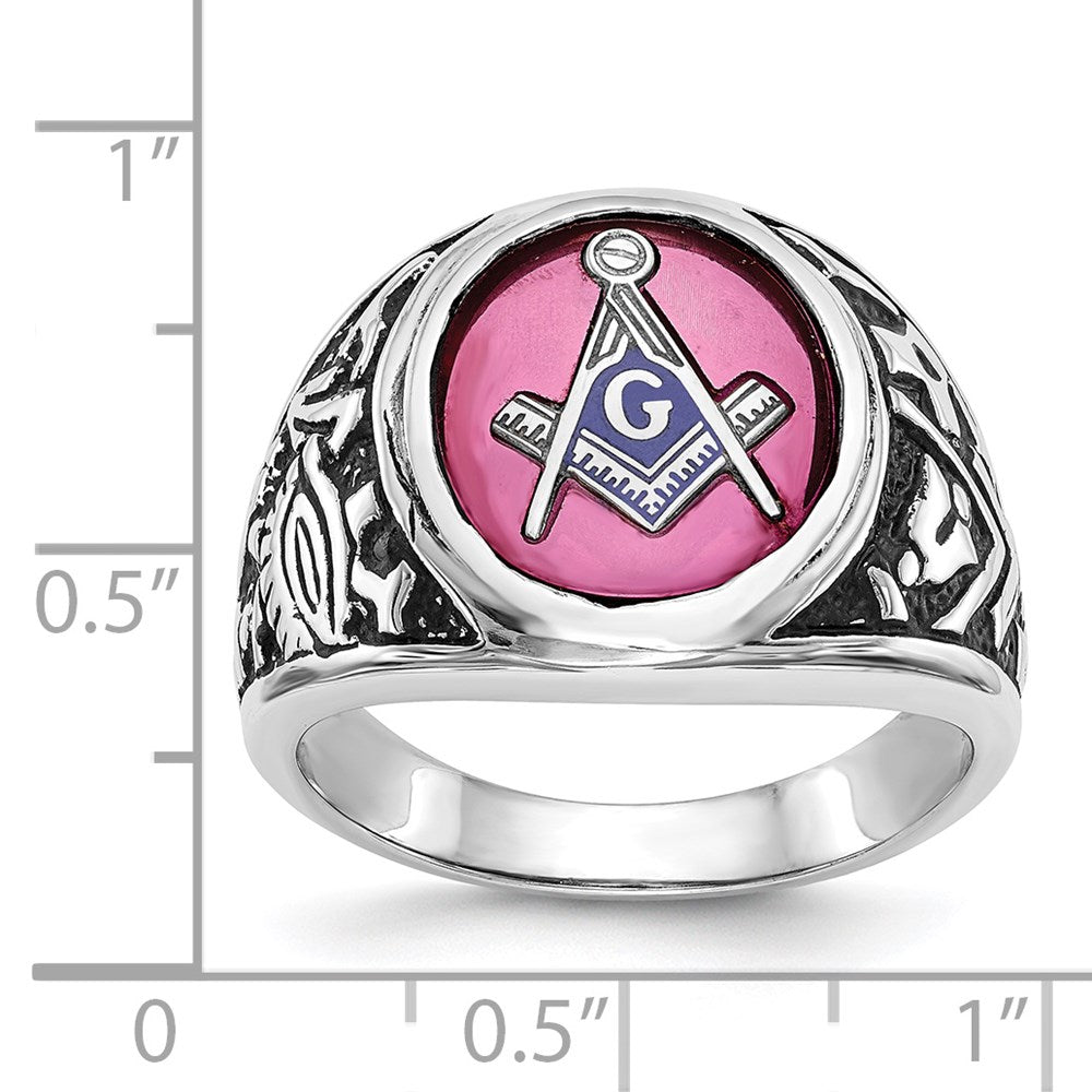 14k White Gold Mens Polished Antiqued and Textured with Lab Created Ruby Masonic Ring