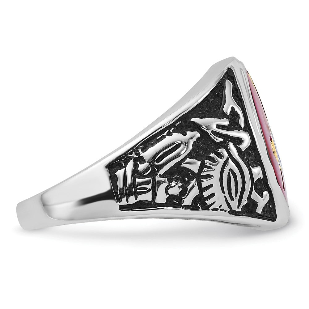 14k White Gold Mens Polished Antiqued and Textured with Lab Created Ruby Masonic Ring