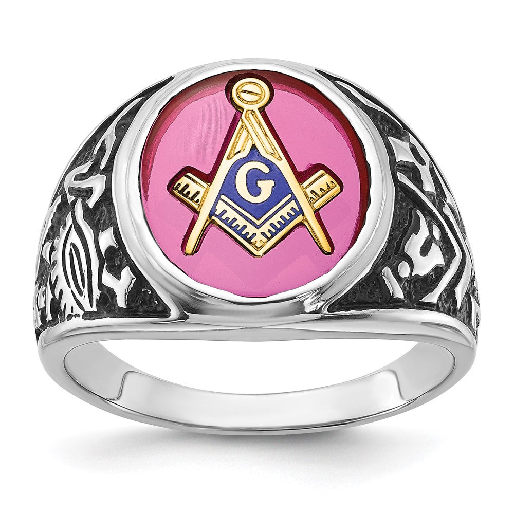 14k White Gold Mens Polished Antiqued and Textured with Lab Created Ruby Masonic Ring