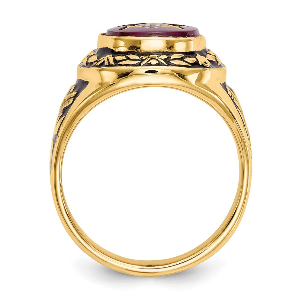 14k Yellow Gold Mens Polished Antiqued and Textured with Lab Created Ruby Masonic Ring