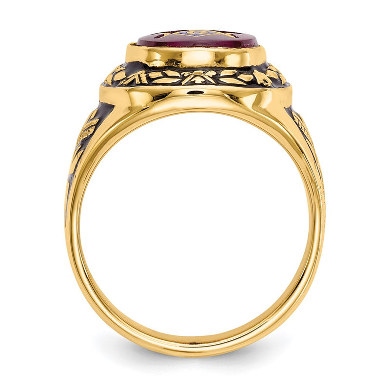 14k Yellow Gold Mens Polished Antiqued and Textured with Lab Created Ruby Masonic Ring