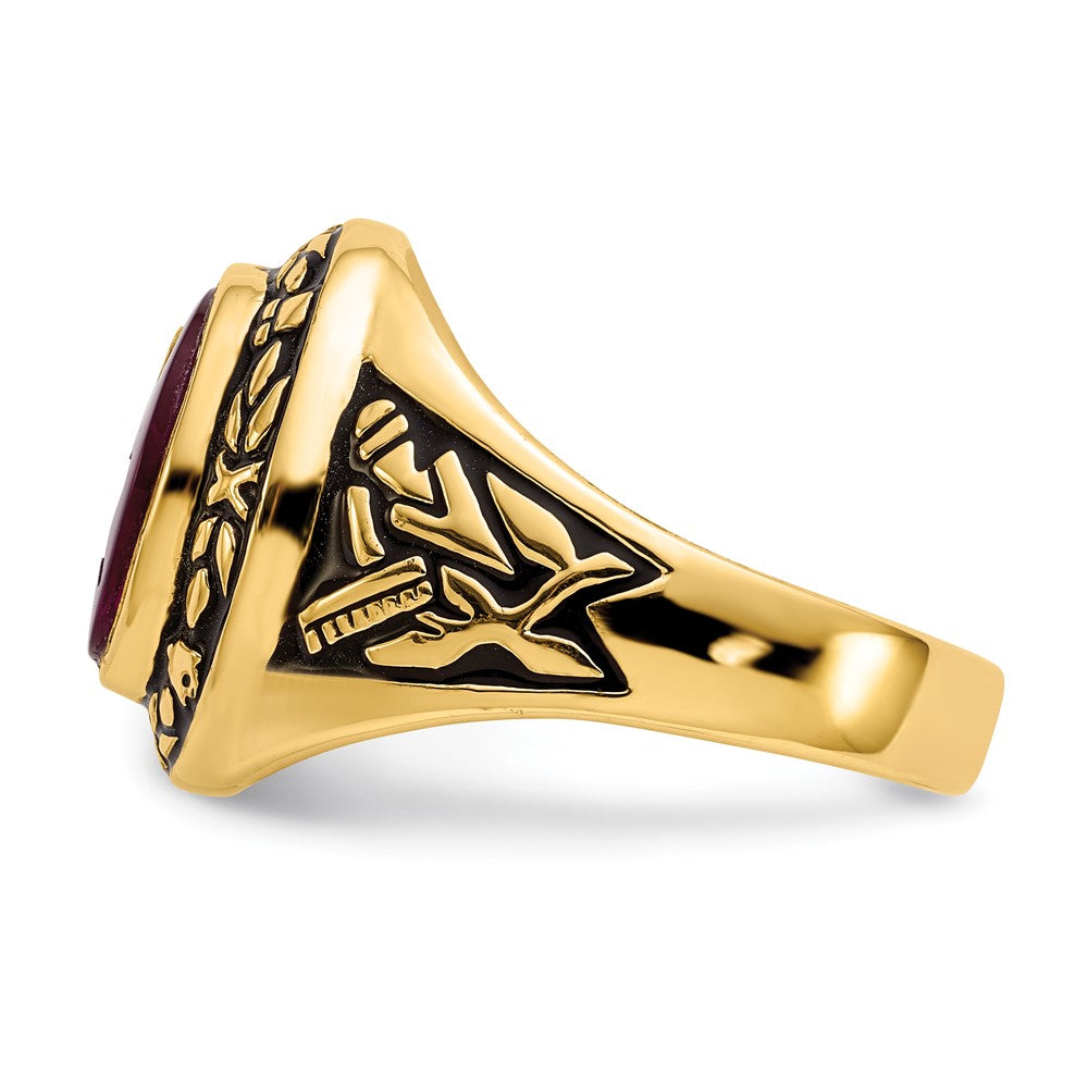 14k Yellow Gold Mens Polished Antiqued and Textured with Lab Created Ruby Masonic Ring