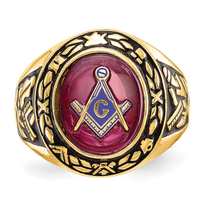 14k Yellow Gold Mens Polished Antiqued and Textured with Lab Created Ruby Masonic Ring