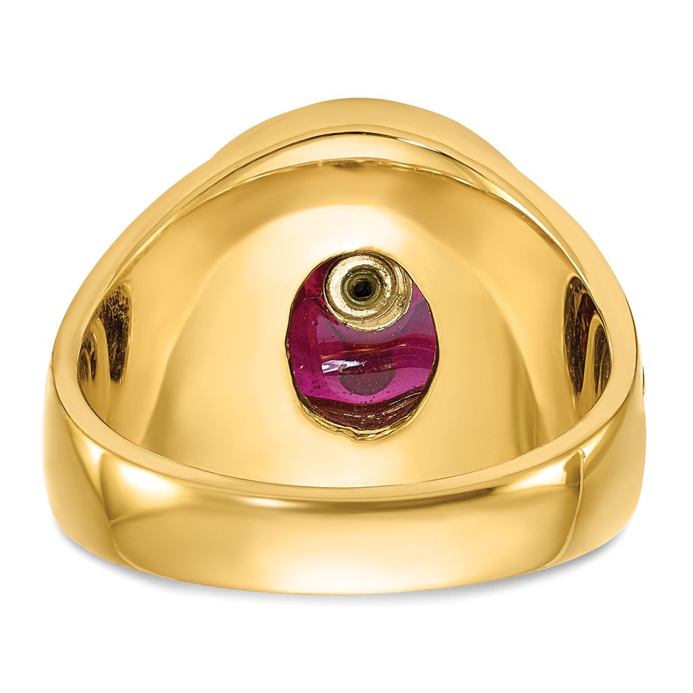 14k Yellow Gold Mens Polished Antiqued and Textured with Lab Created Ruby Masonic Ring