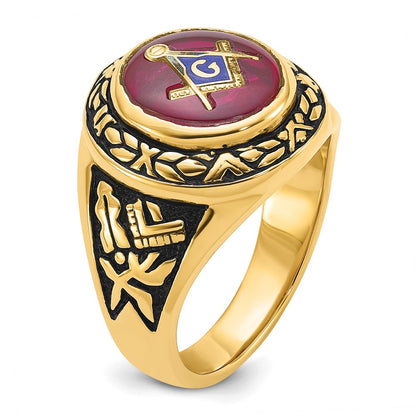 14k Yellow Gold Mens Polished Antiqued and Textured with Lab Created Ruby Masonic Ring